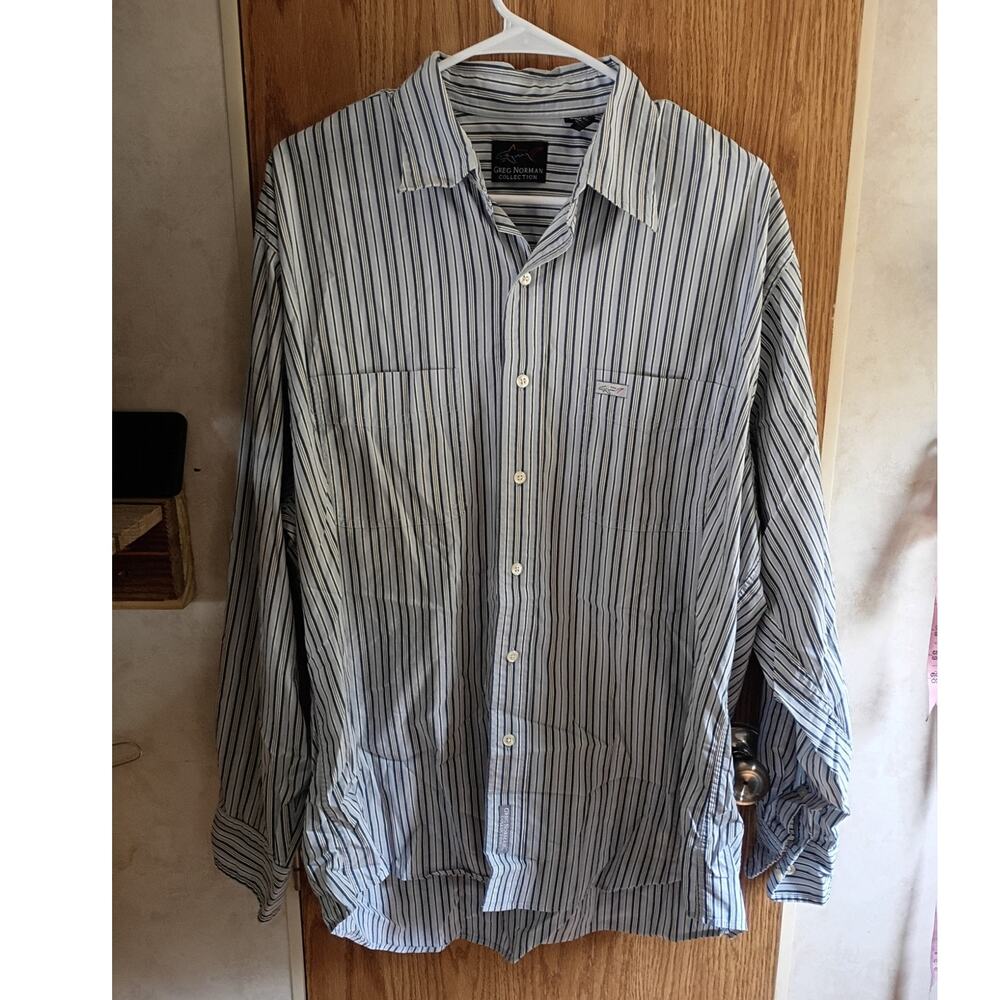 Vintage 90s Greg Norman Golf Shirt Mens Large Blue Stripe Shark Logo Stretch